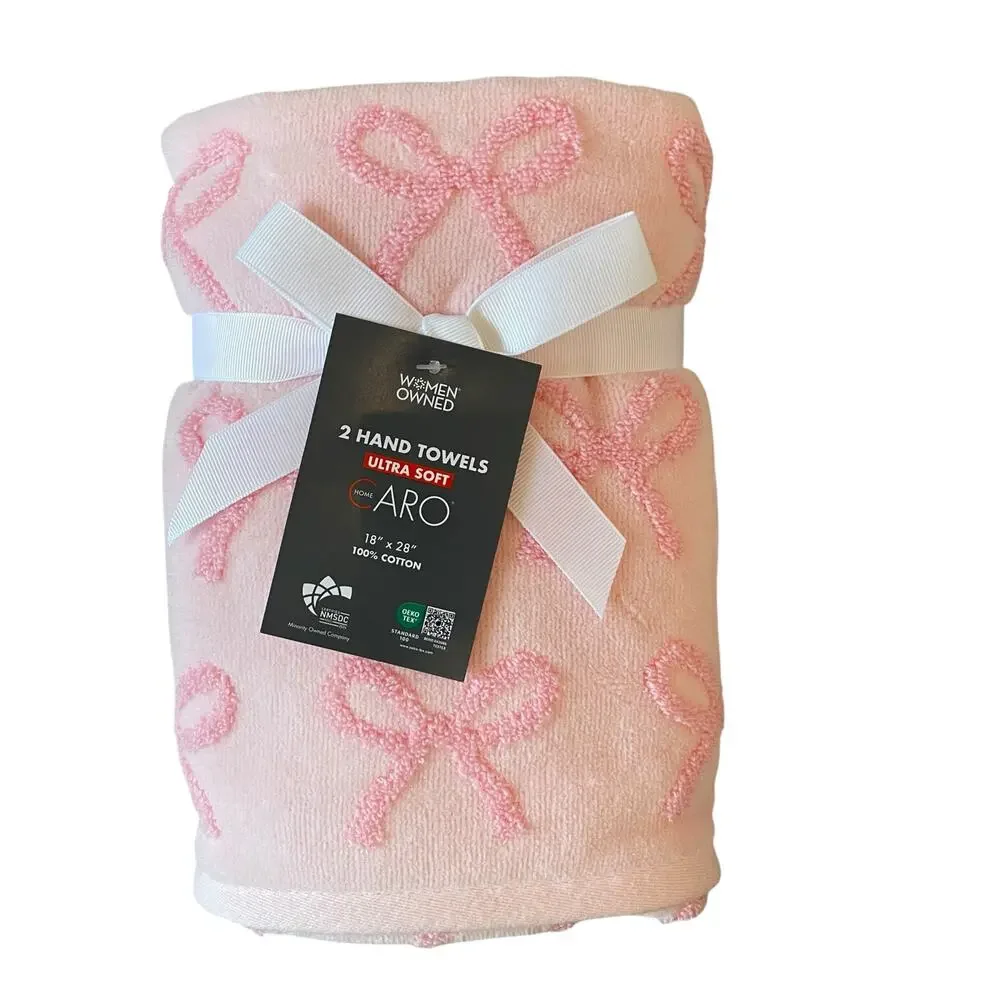Caro Home Pink Bow Cotton Hand Towels 18x28 Set of 2